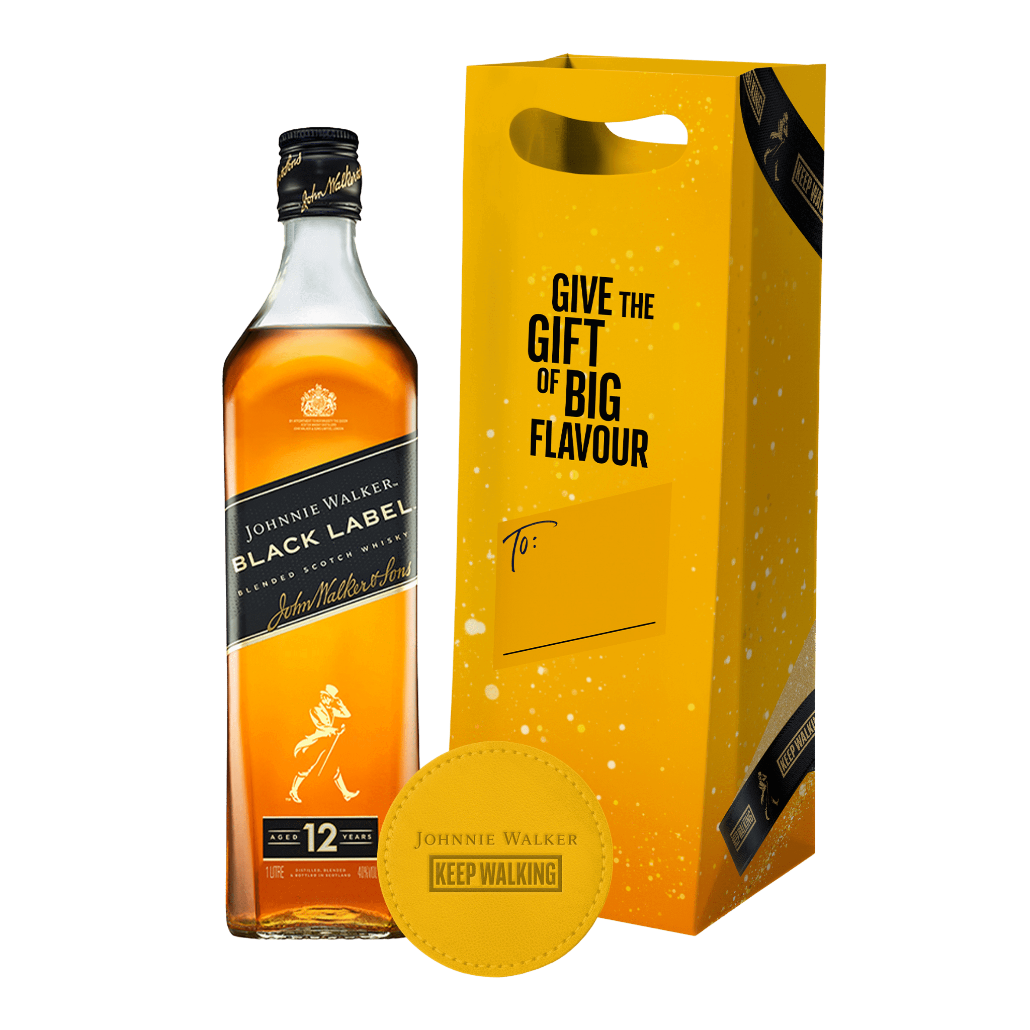 Johnnie Walker Black Label Blended Scotch Whisky 1L + Johnnie Walker Gift Bag with Leather Coaster at ₱1499.00 | Boozy.ph