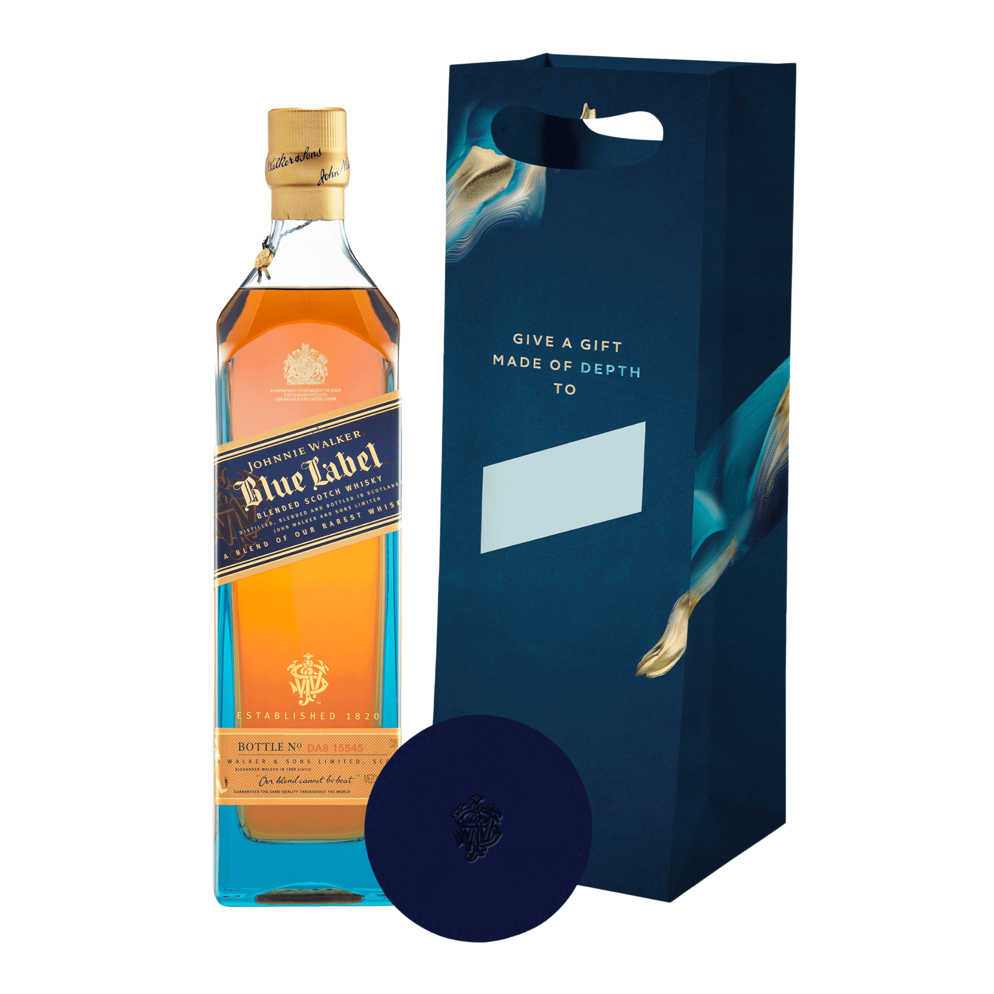 Johnnie Walker Blue Label Blended Scotch Whisky 750ml + Johnnie Walker Blue Label Gift Bag with Leather Coaster at ₱9990.00 | Boozy.ph