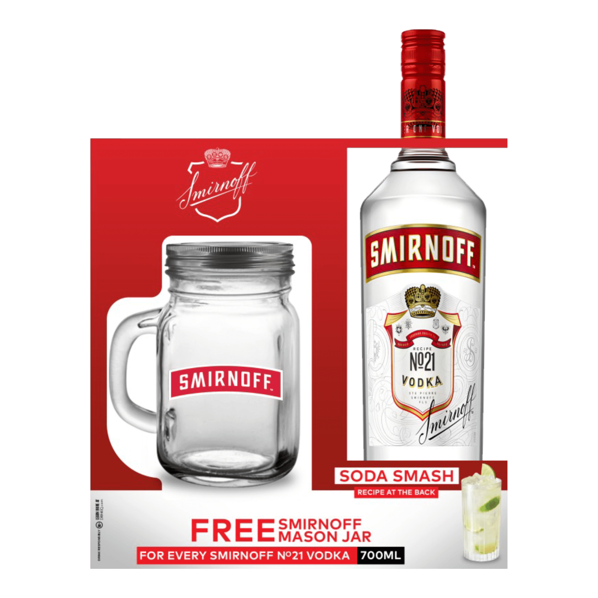 Smirnoff Red No. 21 Vodka 700ml Mason Jar Glass Pack at ₱679.00 | Boozy.ph